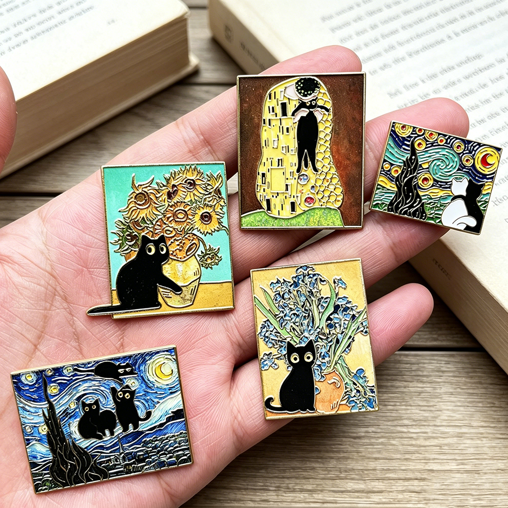 Vintage Collectible Pins - 5pcs Famous Painting Black Cat Enamel