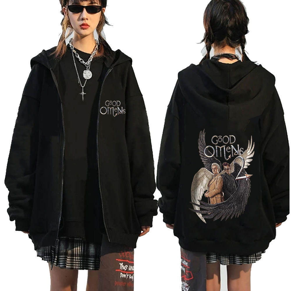 Vintage Zip Hoodie - Good Omens Zipper Hoodies Men Fashion