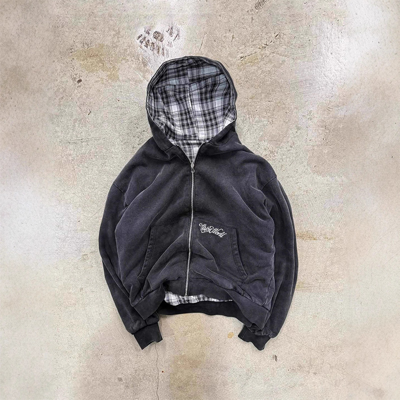 American Retro Reversible Plai - Vintage Zip Hoodie ulasan dan harga