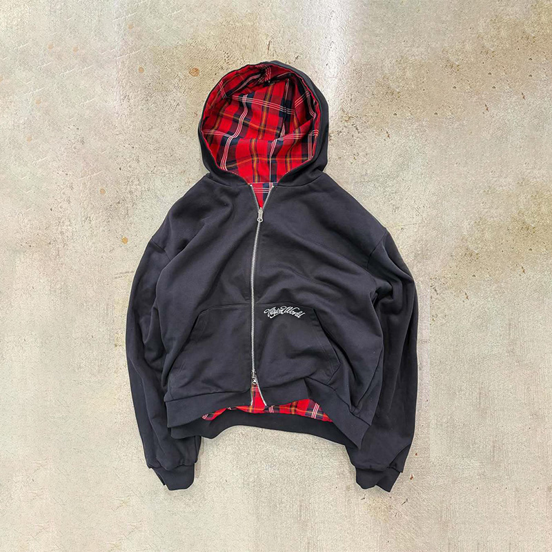 American Retro Reversible Plai - Vintage Zip Hoodie ulasan dan harga